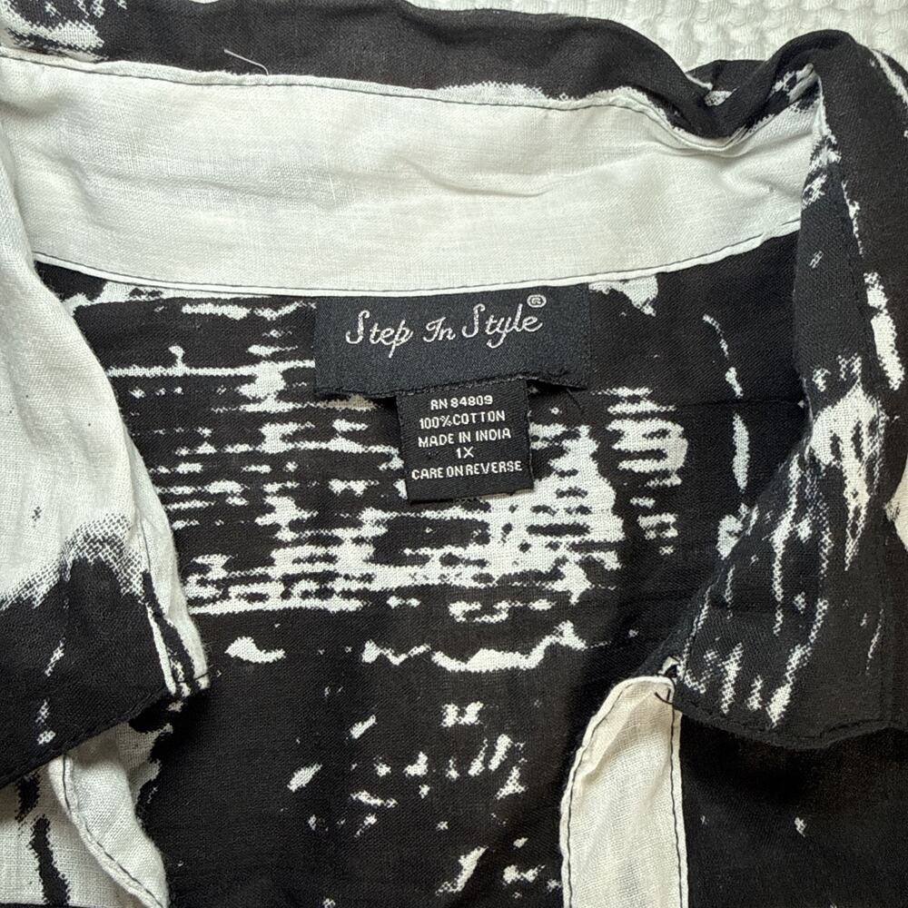 Step In Style Long Shirt Dress 1X White Black Cotton Whimsy Art Flowy NWT READ - Picture 2 of 16